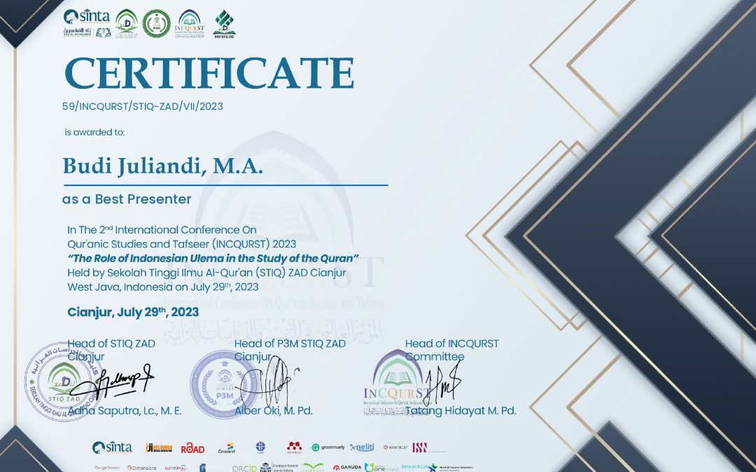 Budi Juliandi Dosen Fakultas Syariah meraih Best Presenter pada Seminar Internasional The 2nd INCQURST
